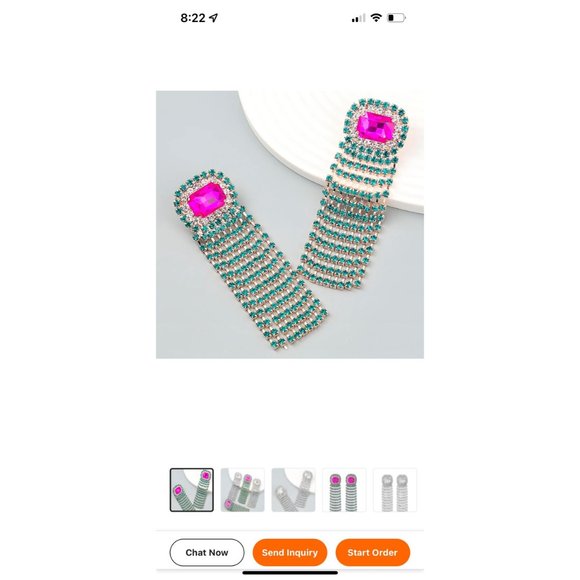 Fuchsia earrings large pink & green fringe long emerald crystal dark green - Picture 7 of 10